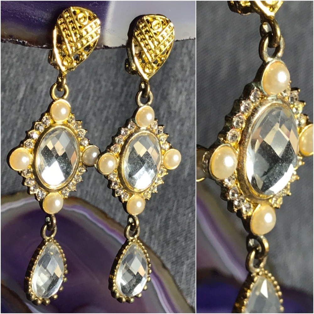 Long Vintage Clip On Earrings, gold tone unsigned